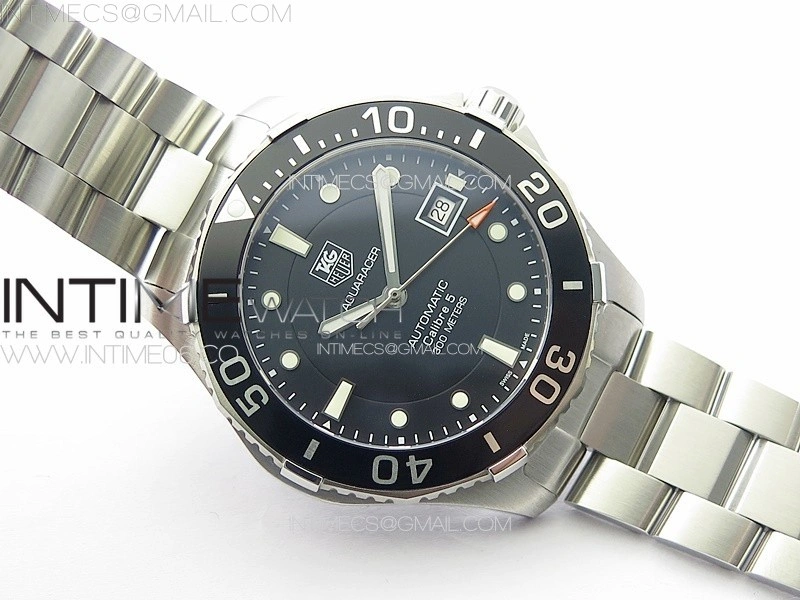 Aquaracer Calibre 5 41.5mm TARF 1:1 Best Edition Black Dial Black Bezel on SS Bracelet SW200